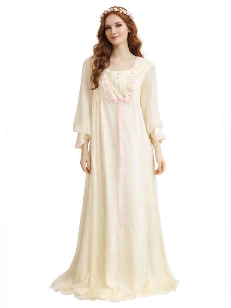 Beautiful Vintage Ivory Bridgerton Boho Romantic Cottagecore Dress Pink Lace Xs